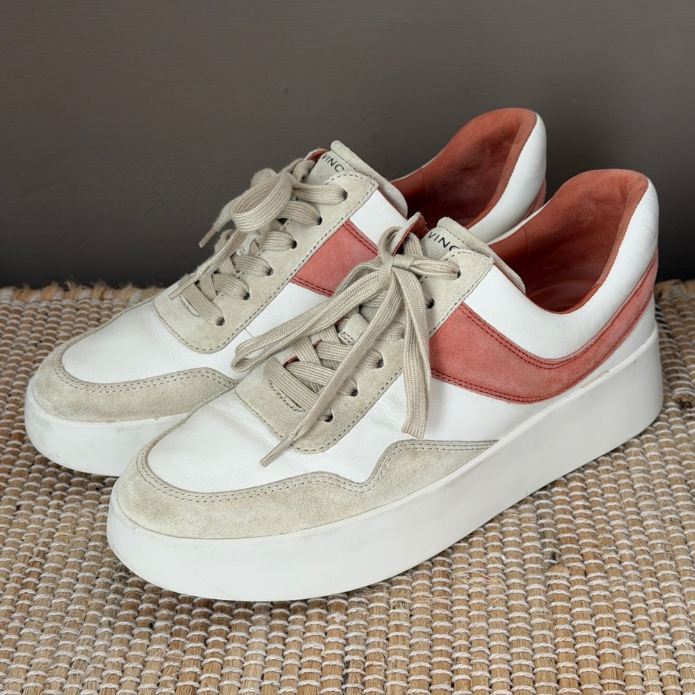 Vince Warren Court White Leather Sneakers Suede Coral Accent Women’s Size 8.5
